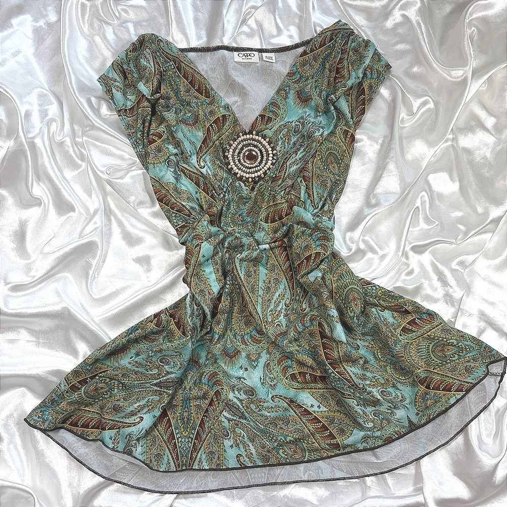 y2k Tunic Top Teal Excellent Cato Paisley Beaded Medallion Boho 18/20W